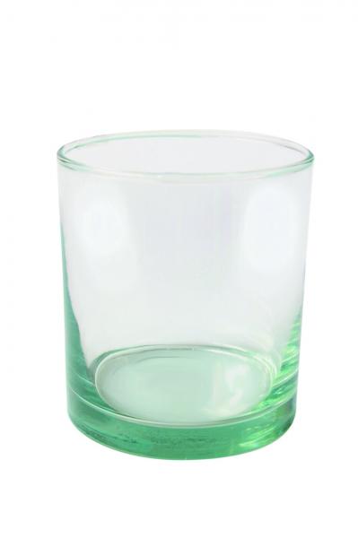 Glass container with slight green tinge on a white background.