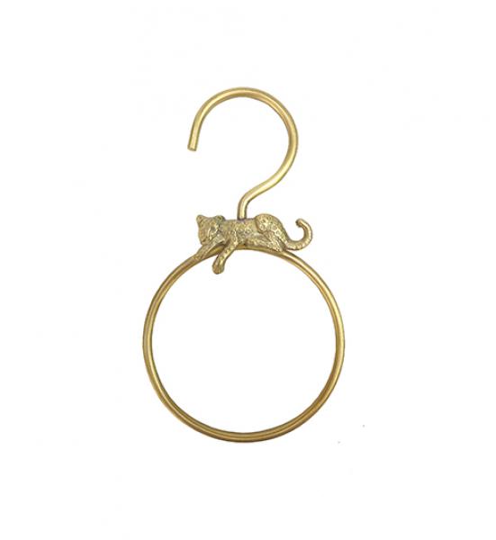 A brass hook featuring a lounging jaguar atop a large circle. White background.
