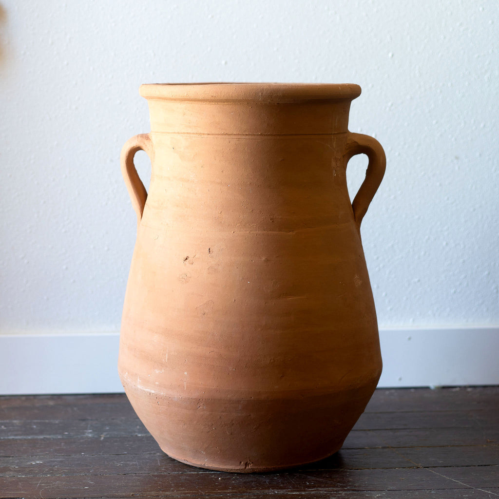 Large terra cotta plant pot with small handles. Vessel shape with round belly slightly tapering at handles and flaring back out with a ridge at top. Wood floor and white wall. 