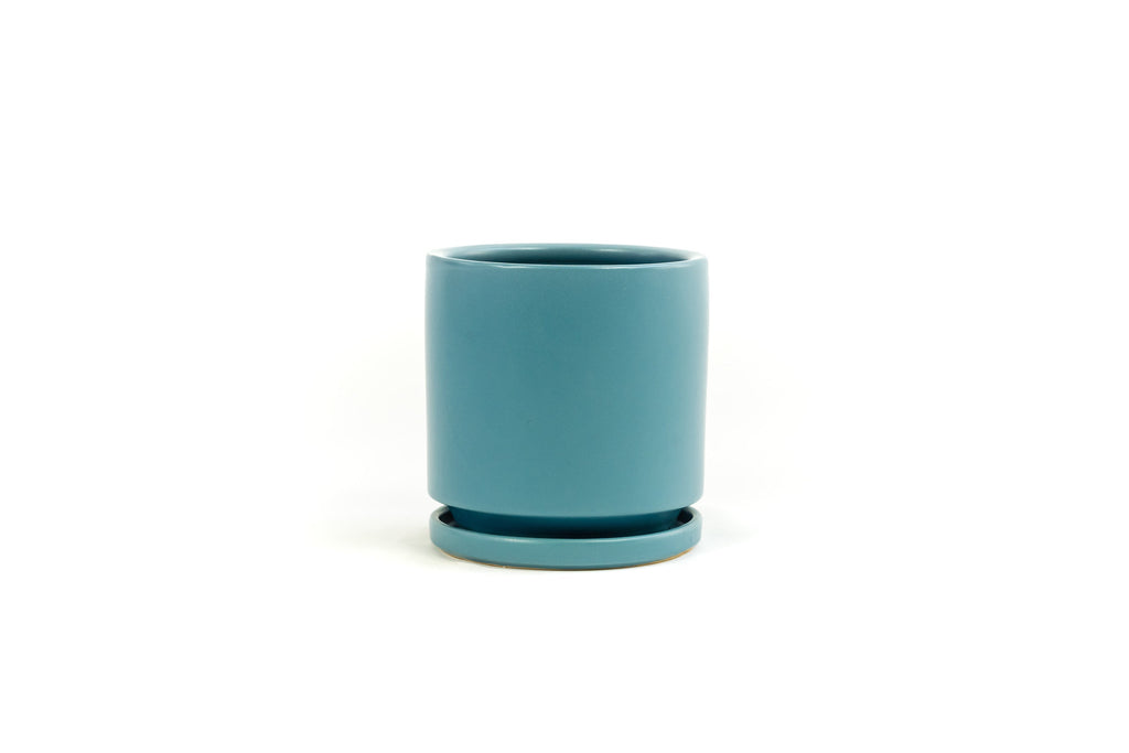 6.5" Porcelain Plant Pot and Tray in Antique Teal.