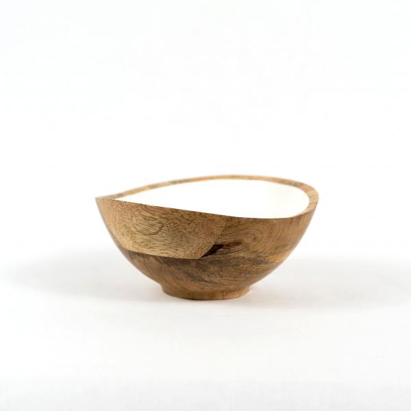 Medium wavy topped bowl made from mango wood with a white enamel interior. White background.