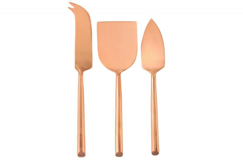Three pieces in one matte copper cheese knife set on a white background. 