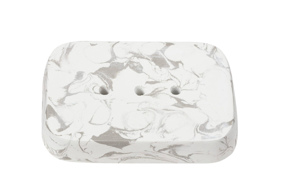 One marbled gray and white cement soap dish on a white background.