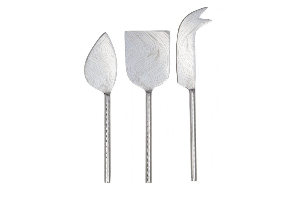 Set of 3 cheese knives and spatulas. Stainless steel with abstract flowing etched lines.