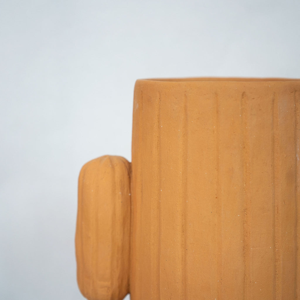Ceramic Cactus Plant Pot with tray sits on a wood platform in front of a white background.  Detail of cactus arm on one side.