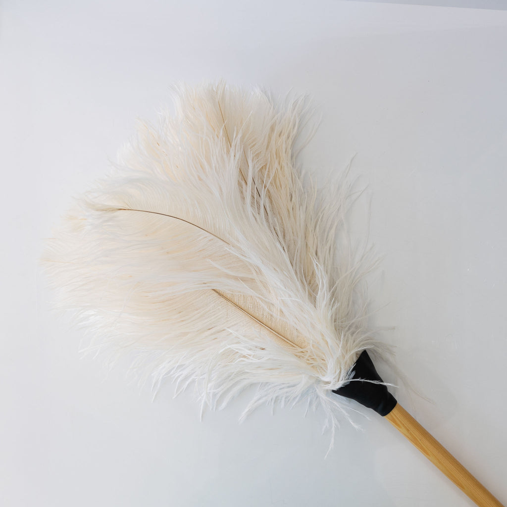 Feather duster with premium cream feathers attached to a light wood handle. Close up of feathers.