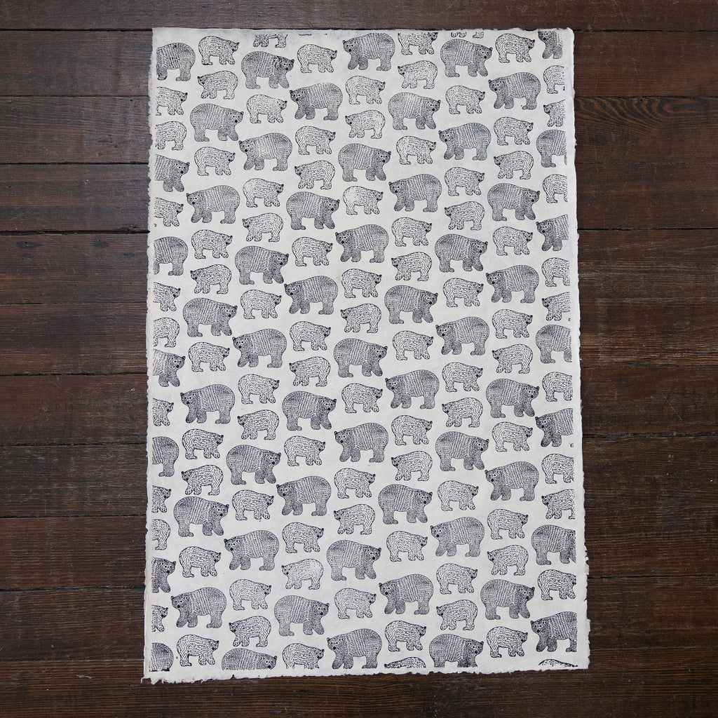 Handmade and printed paper gift wrap. Pattern is repeat bears.