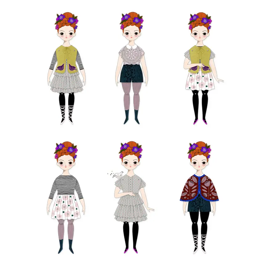 Paper doll kit. Features white girl with red hair as base paper doll with whimsical slightly Victorian fashion designs.