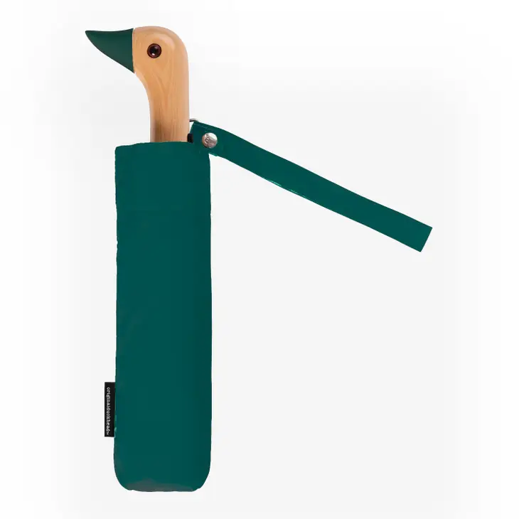 Teal duckhead compact umbrella folded up on a white background.