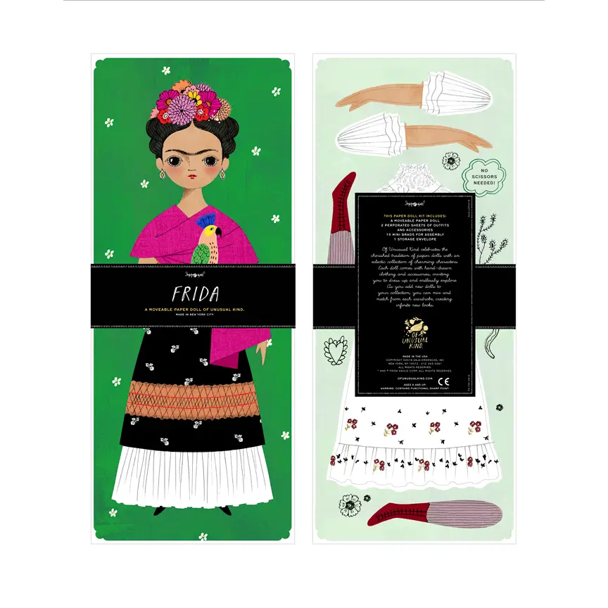 Paper doll Frida Kahlo kit. Features traditional Mexican fashion.