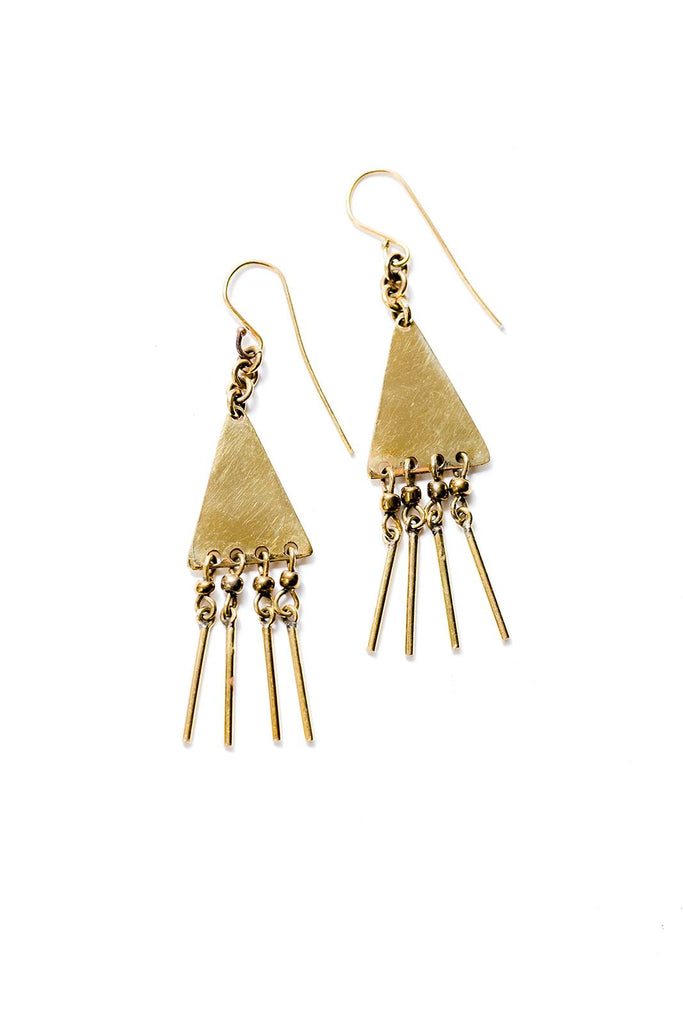 Brass drop earrings with 4 skinny bars dangling from a triangle.
