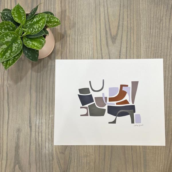 Modern Collage Art Print featuring organic shapes in Gray/Greens, Dark Blue, Warm Brown, and Lavender