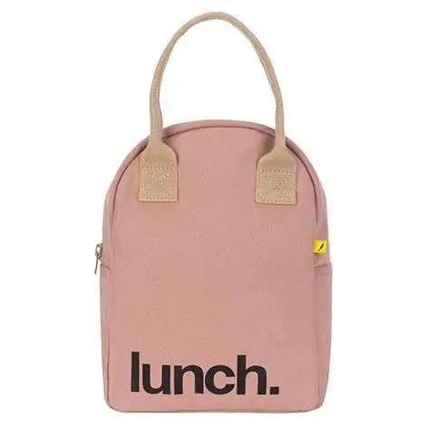 Soft sided mauve cotton lunch bag with tan canvas handles. Design is ‘lunch.’ printed in black on bottom left corner. White background.