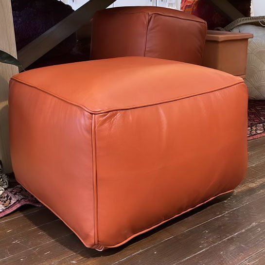 Rectangle Leather Pouf / Ottoman in Warm Brown Tone handmade by artisans in Morocco.