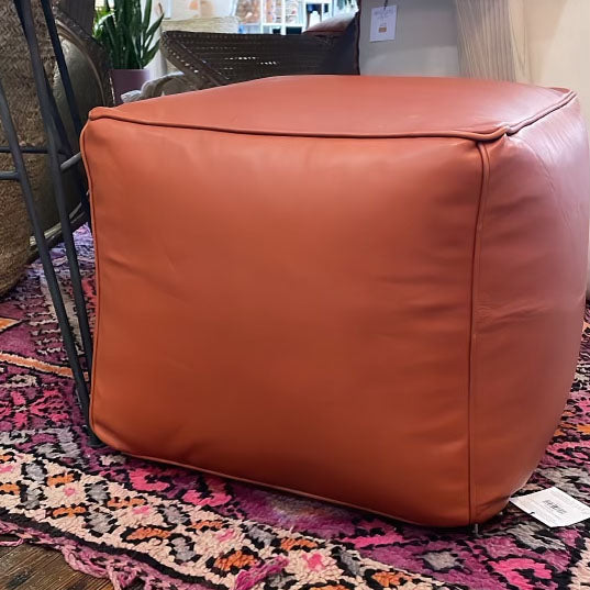 Square Leather Pouf / Ottoman in Warm Brown Tone handmade by artisans in Morocco.